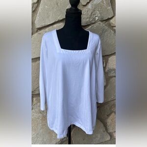 Susan Graver Weekend 1X White 3/4 Sleeve T-Shirt Square Neck Cotton Essential